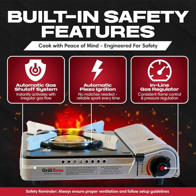 Chefmaster Grill Boss Dual Fuel Camp Stove - 12,000 BTU Butane & Propane Portable Stoves for Camping, Emergencies, BBQ, Hiking & Backpacking - Double Wind Guard, Instant Piezo Ignition System - 90057 - Image 4